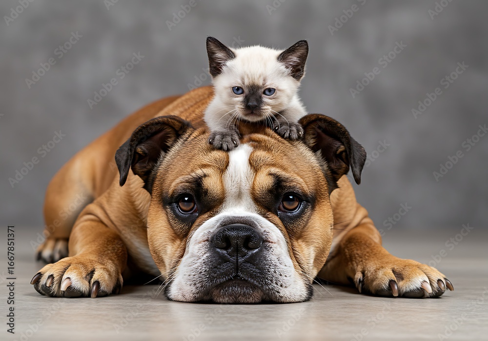Obraz premium Cute Siamese kitten rests on the head of a French bulldog, showcasing an unlikely friendship and adorable companionship
