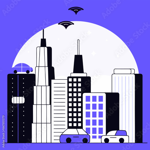 A high-speed train with glowing digital elements, driving on the tracks against a backdrop of sunset and Synthwave  city at sunset digital illustration.

