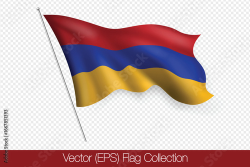 3D realistic red, blue and orange flag of Armenia, vector (EPS) illustration isolated on transparent background. The flag twists on the wind, realistic shadows and light