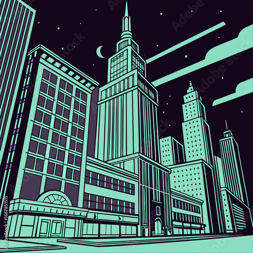A high-speed train with glowing digital elements, driving on the tracks against a backdrop of sunset and Synthwave  city at sunset digital illustration.


