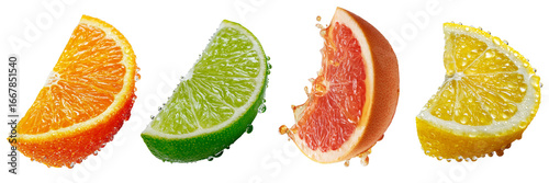 Orange, lime, grapefruit, and lemon slices with water drops, looking juicy and refreshing