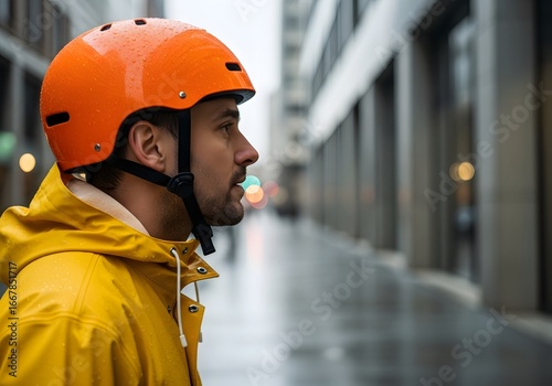 Person in raincoat and helmet on city street