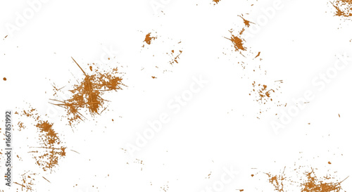 Scattered brown paint splatter and brush strokes on a transparent background, isolated on white