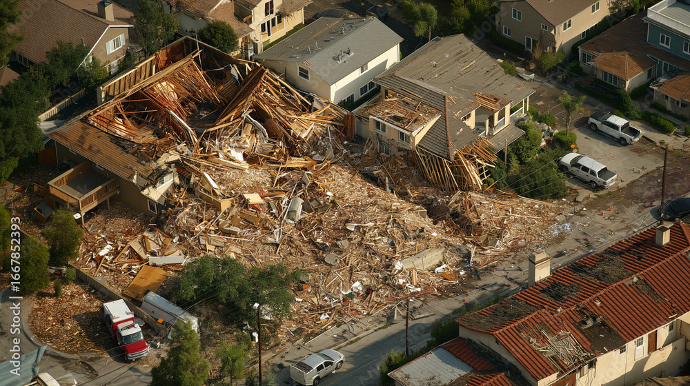 Fototapeta premium Collapsed residential house after natural disaster