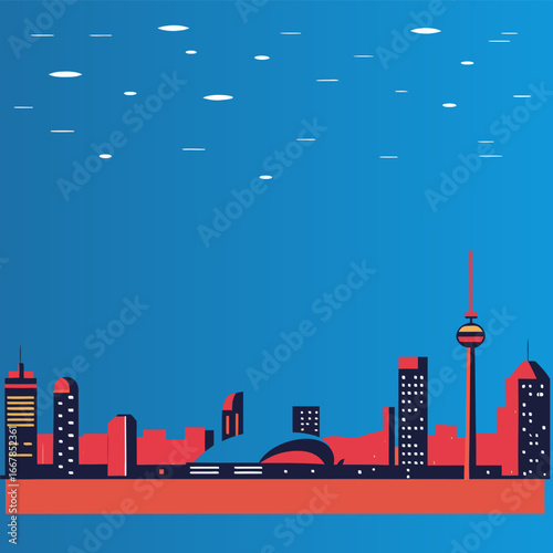 A high-speed train with glowing digital elements, driving on the tracks against a backdrop of sunset and Synthwave  city at sunset digital illustration.

