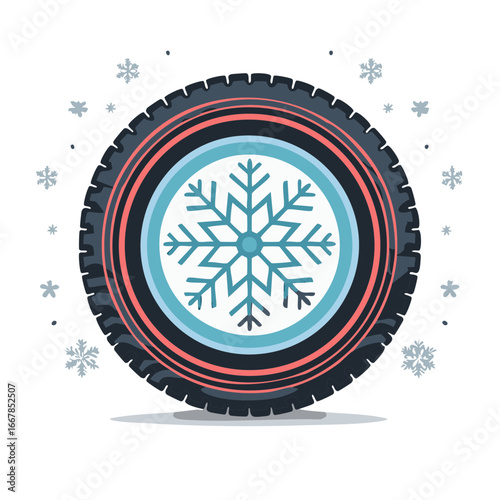 Car Winter Tire with Snowflake Symbol for Cold Weather Driving Safety Vector Illustration