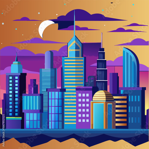 A high-speed train with glowing digital elements, driving on the tracks against a backdrop of sunset and Synthwave  city at sunset digital illustration.


