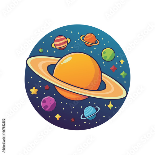 Cartoon planets in space. Vivid illustration of cosmic bodies with rings, stars, and background.