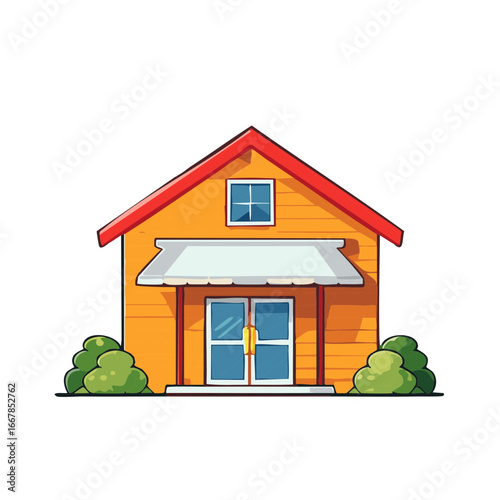 Vibrant cartoon house illustration with orange walls red roof and green bushes cozy dwelling