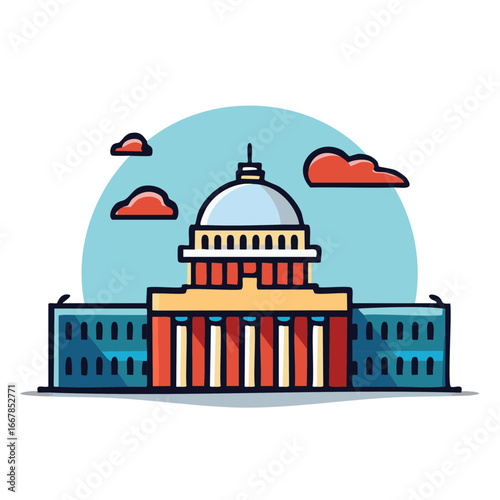 Stylized Government Building with Dome and Clouds