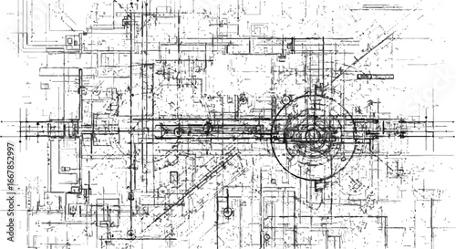 Complex technical blueprint with intricate lines and geometric shapes isolated on transparent background