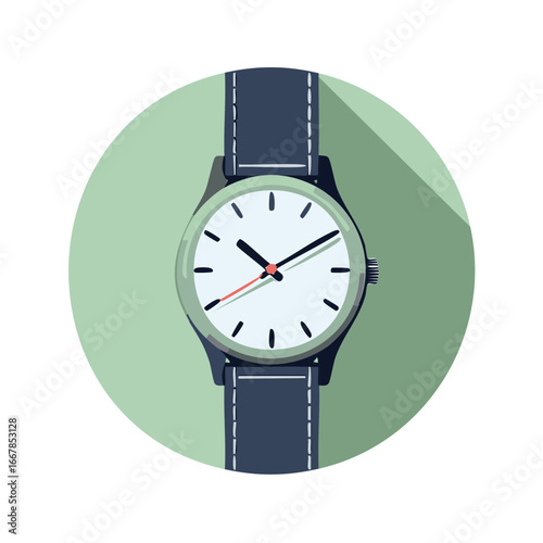 Illustration of a classic wristwatch with shadow and mint background