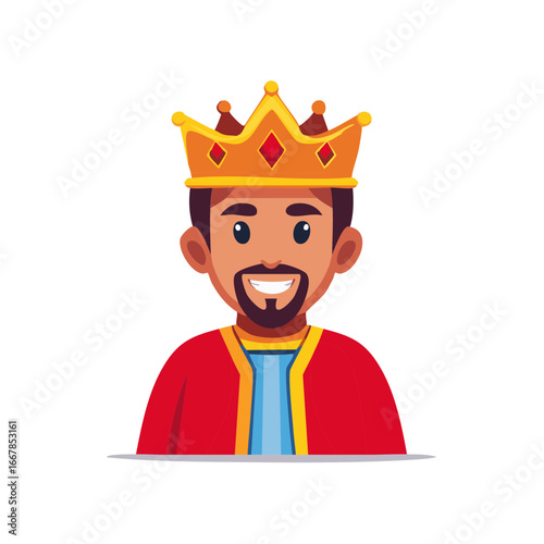 Cartoon depiction of a smiling king wearing a crown and royal attire