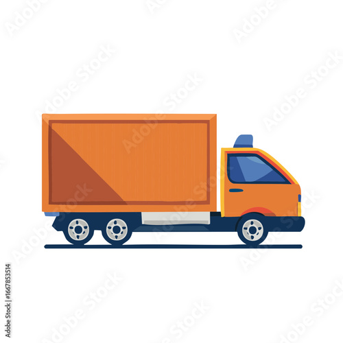 Bright orange box truck with blue accents and multiple wheels on a simple road line