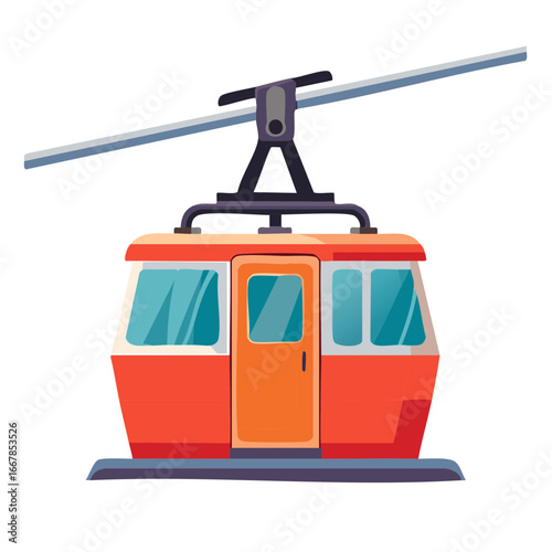 Modern aerial tramway cabin with orange door and windows suspended on a cable