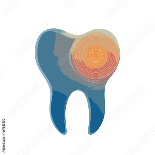 Abstract Blue Tooth with Radiating Orange and Red Circles Symbolizing Dental Pain or Sensitivity