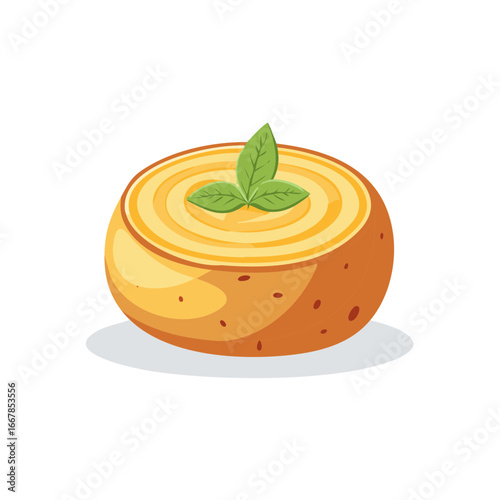 Illustrated savory dish with fresh basil leaves, culinary concept