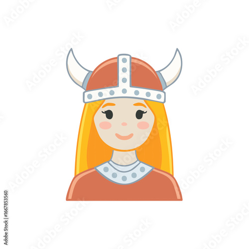 Cute cartoon girl with long blonde hair wearing a Viking helmet with horns and armor
