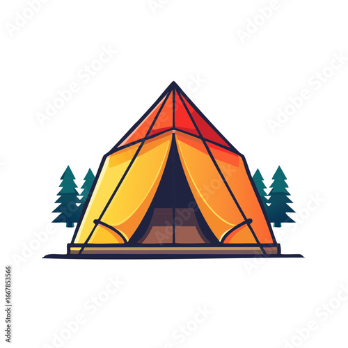 Camping tent with trees, orange and yellow outdoors illustration, adventure concept, travel icon.