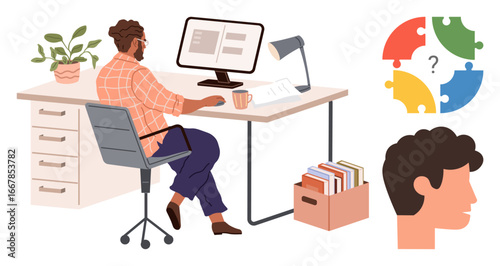 Professional engaged in work at desk with computer, files, plant, lamp, puzzle pieces, and head profile. Ideal for productivity, brainstorming, decision-making creativity analysis problem-solving