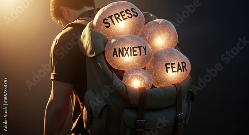 Person carrying the heavy burden of stress, anxiety, and fear in a backpack
