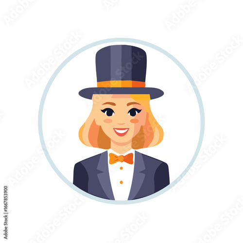 Smiling Female Magician or Host in Top Hat and Bow Tie Vector Illustration