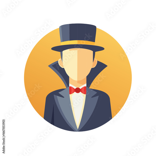 Stylized Magician Illustration:  Cartoon Character in Formal Attire with Bow Tie and Top Hat on Circle Background