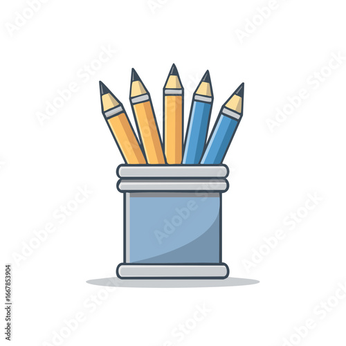 Colorful sharpened pencils in a light blue holder ready for drawing writing or schoolwork in a flat illustration style