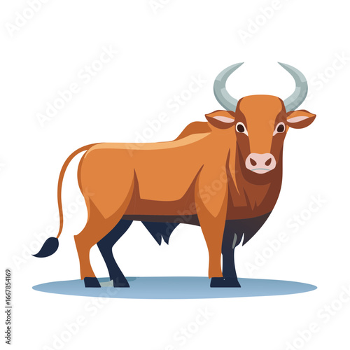 Cartoon illustration of a tan colored banteng with curved horns standing sideways