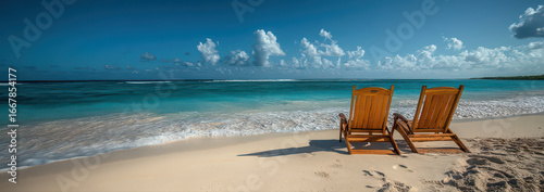 Photography of beach chairs set on the sand at a beautiful beach in a resort area.