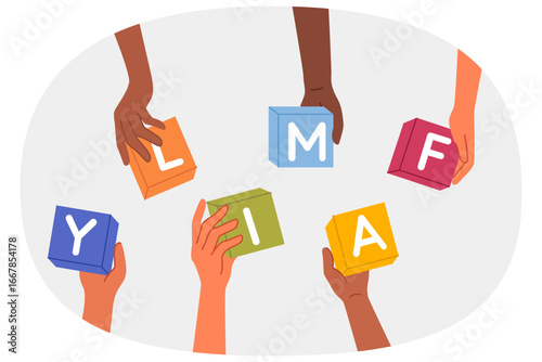 Inscription family in hands of multinational children holding cubes symbolizing friendship between races and ethnicities. Multicultural people call to become one family to achieve peace and harmony