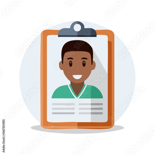 Friendly character portrait on a clipboard with data records and a white background.