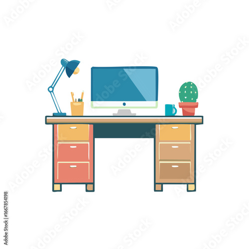 Cartoon office desk with computer monitor, cactus in pot, lamp, mug and stationery