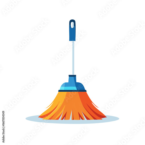 Modern cleaning broom tool with blue handle and vibrant orange bristles flat illustration