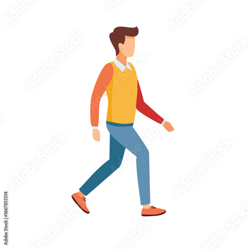 Stylized man with short brown hair walks forward in casual clothing and orange shoes
