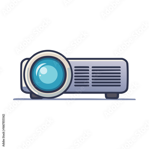 Modern Digital Projector With Blue Lens and Silver Casing, Side View, Isolated