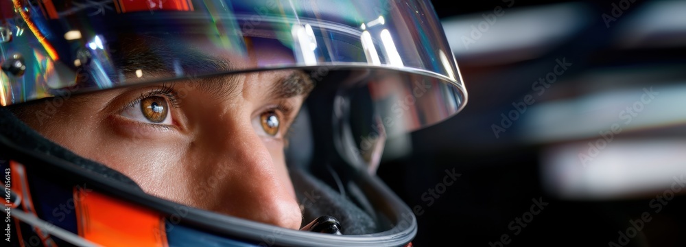 Fototapeta premium Close-up on the determined gaze of man, male Formula One racer pilot in helmet in a racing car F1 on track at a race competition