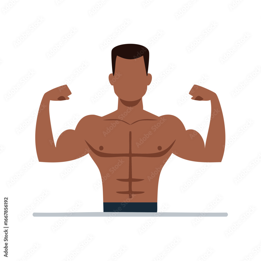 Fototapeta premium Muscular man with dark skin flexing biceps and six-pack abs, male strength and fitness flat vector illustration.