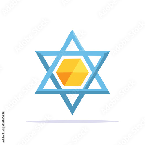 Magen David Jewish religious symbol in blue with a stylized golden hexagon center