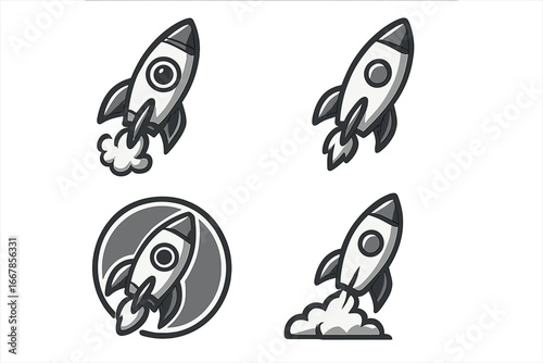 Monochrome rocket icon set vector illustration. Cartoon spaceship launch for startup business concept. Space travel and exploration symbol. Technology logo element collection.