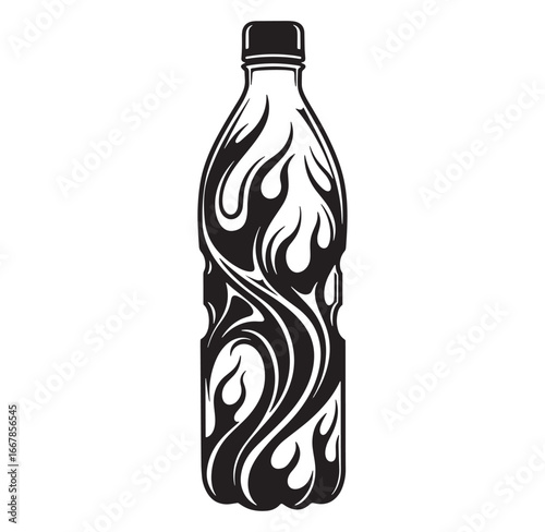 Artistic black and white illustration of a soda bottle with a fire design