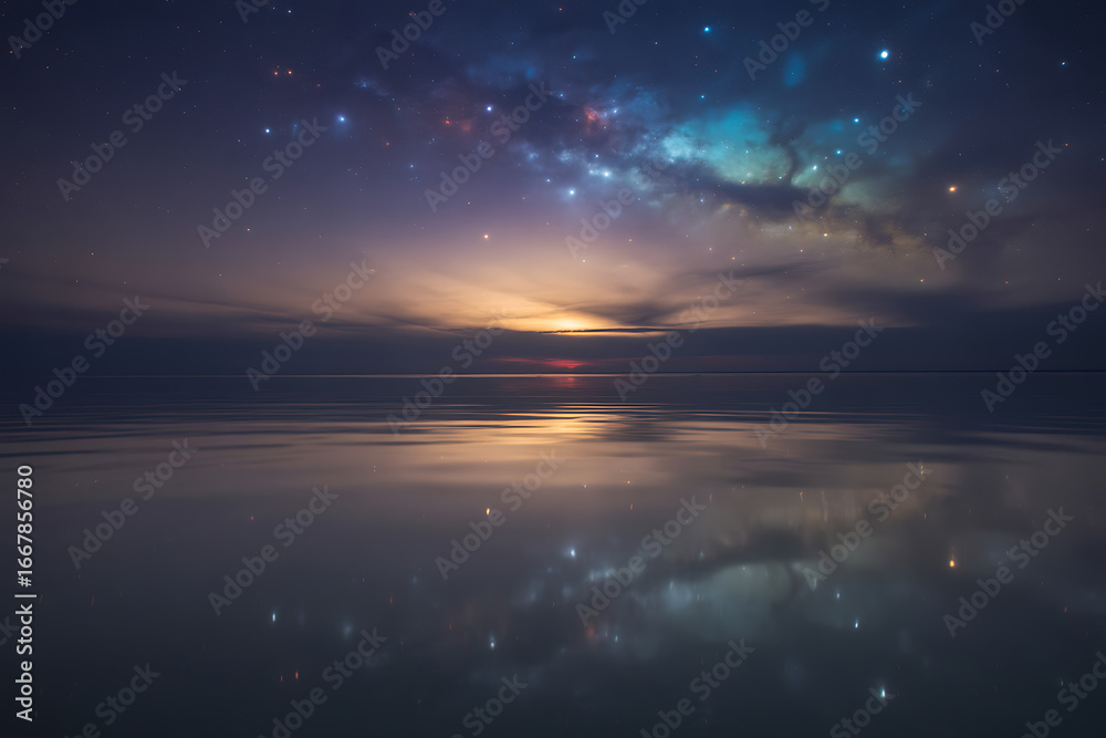 Fototapeta premium Stunning night sky reflecting in tranquil water creating a breathtaking and serene landscape