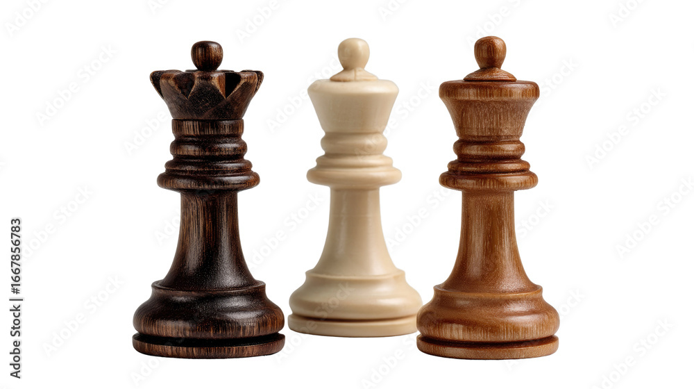 Chess Pieces: Close-up shot of three classic chess pieces—a dark queen, a light king, and a medium-toned queen—arranged against a contrasting backdrop. Chess Pieces: Close-up shot of three classic chess pieces—a dark queen, a light king, and a medium-toned queen—arranged against a contrasting backdrop.