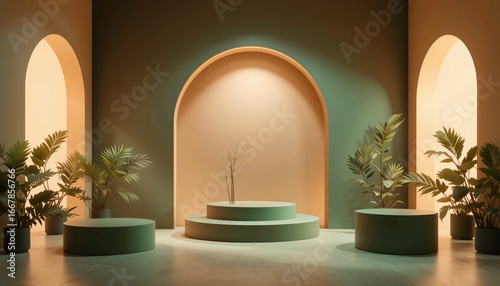 Modern minimalistic podium with glowing circular backlight resembling sunset, lush green palm leaves in soft shadows