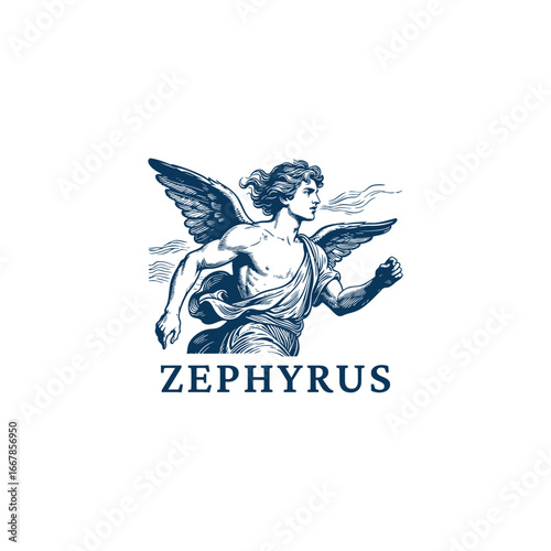 Flat vector engraving logo illustration of Zephyrus, the Greek god of the west wind