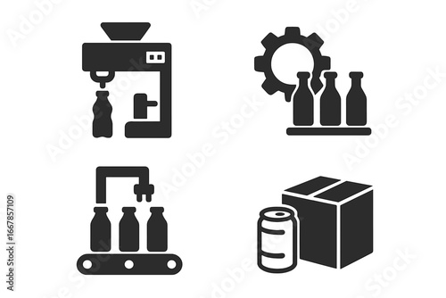 Beverage production and packaging icon set. Factory bottling line, industrial manufacturing process, automated conveyor, filling machine and shipping logistics vector symbols.