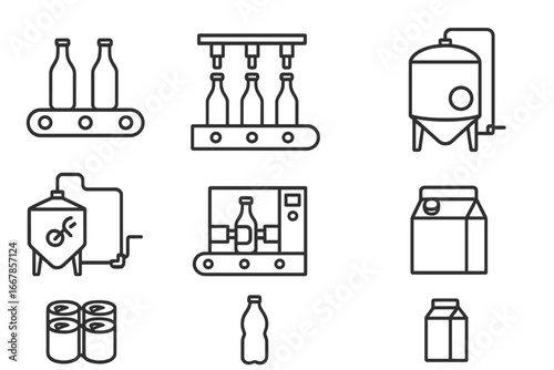 Beverage production line icons. Manufacturing and packaging vector icon set. Factory conveyor belt, bottling plant, processing equipment, automated line, drink industry graphics.