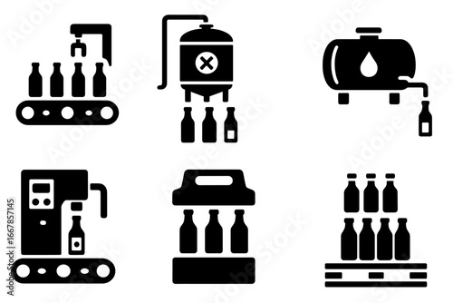 Beverage production line icon set. Bottling plant and packaging process icons. Factory conveyor belt, filling machine, storage tank, and pallet. Manufacturing vector glyphs.