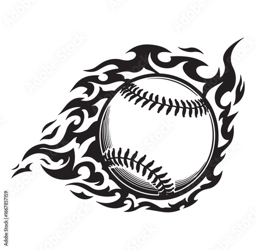 Baseball on fire black and white tattoo illustration for sport and athletic designs