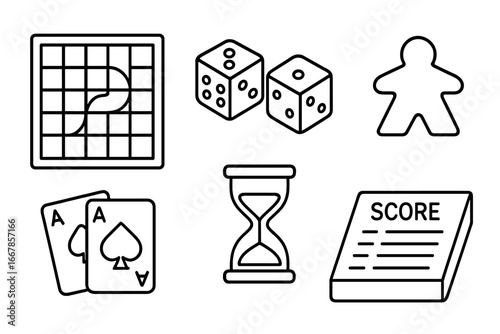 Board game outline icon set. Vector linear icons for tabletop gaming and game nights. Includes gameboard, dice, meeple pawn, playing cards, sand timer, and score sheet.